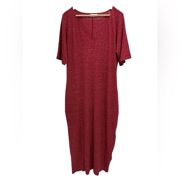 Celtic & Co. Linen Organic Cotton Blend V Neck Midi Dress in Red/Tan Stripe - Picture 2 of 10